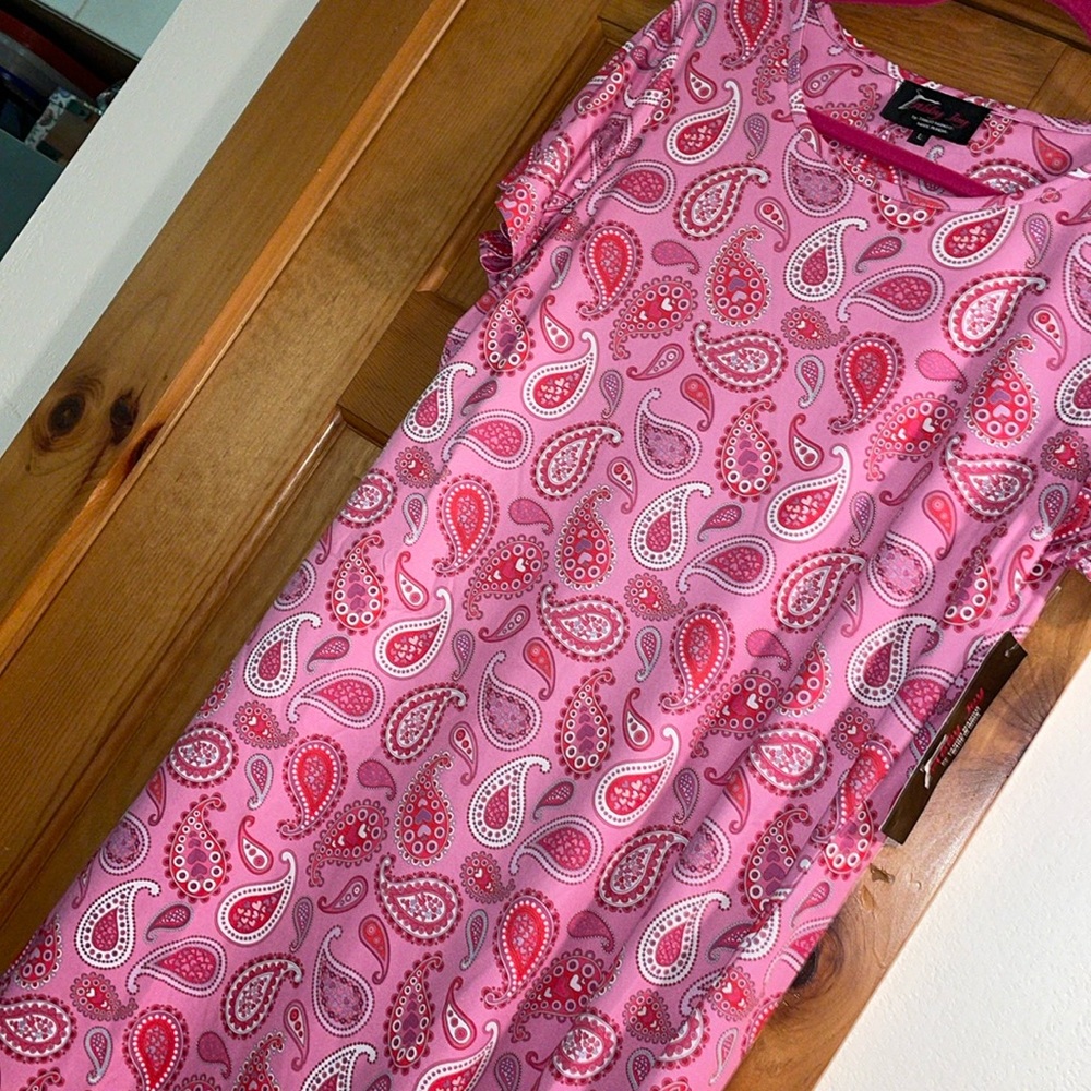 Abby Joy Paisley Hearts Print Pink Shift Dress Lightweight summer Size Large